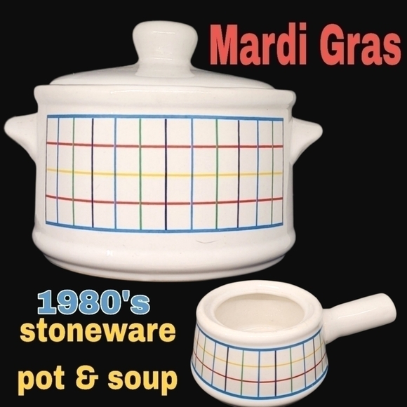 1980's/90's Mardi Gras pattern stoneware? cooking pot & French onion soup bowl - Picture 1 of 7